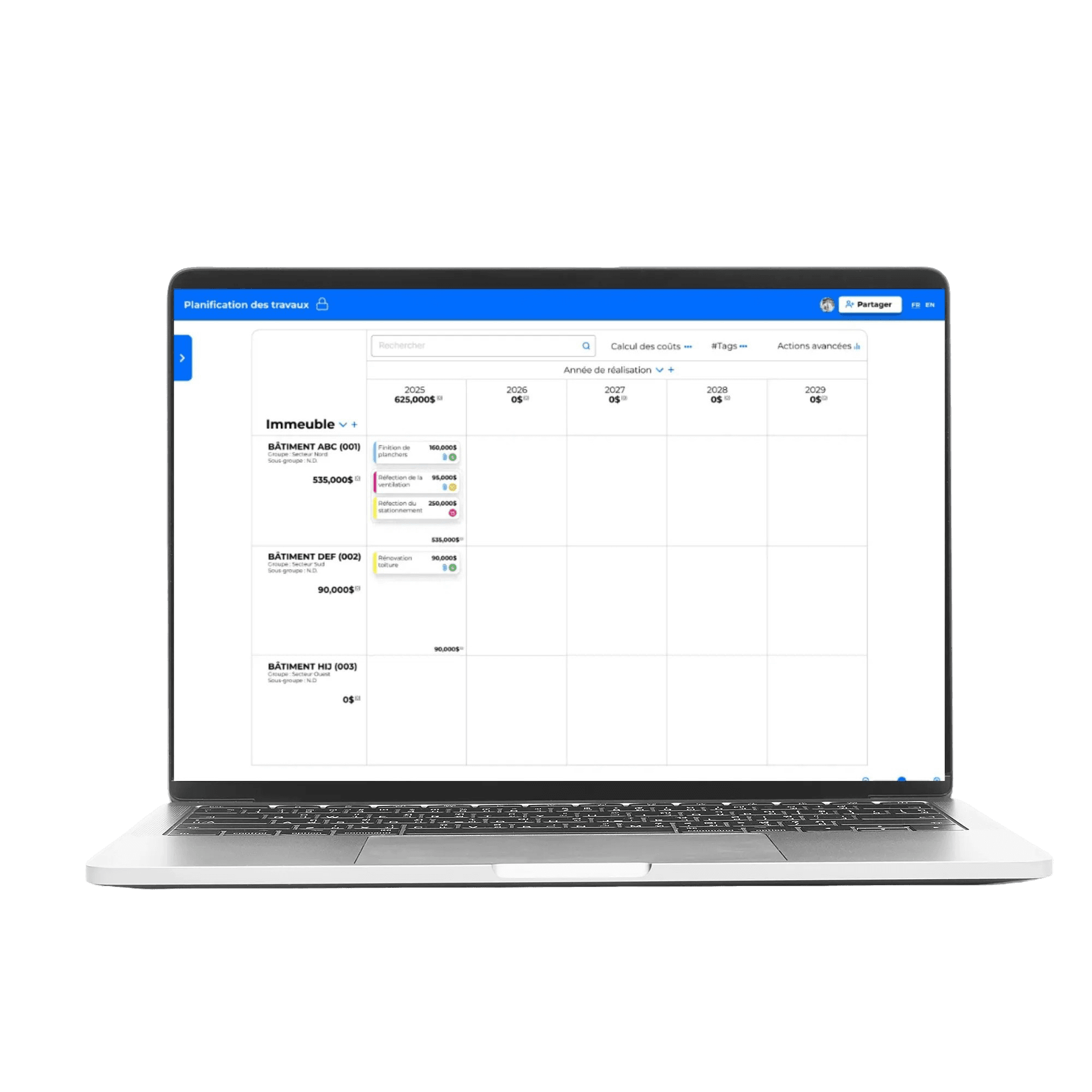 Synergie - Plateforme de gestion des coûts sur ordinateur Interface de Synergie sur ordinateur portable - logiciel de gestion des coûts d'opérations